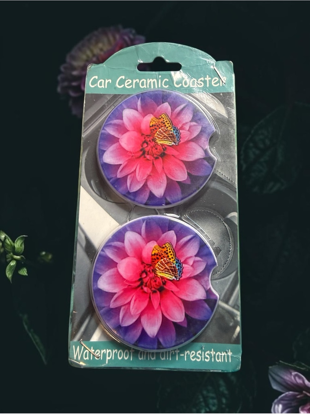 🩷🦋Floral Butterfly Ceramic Car Coasters Set/NIP🩷🦋